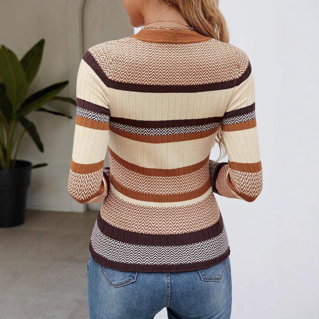 Pull féminin à rayures contrastées – Sweat tendance