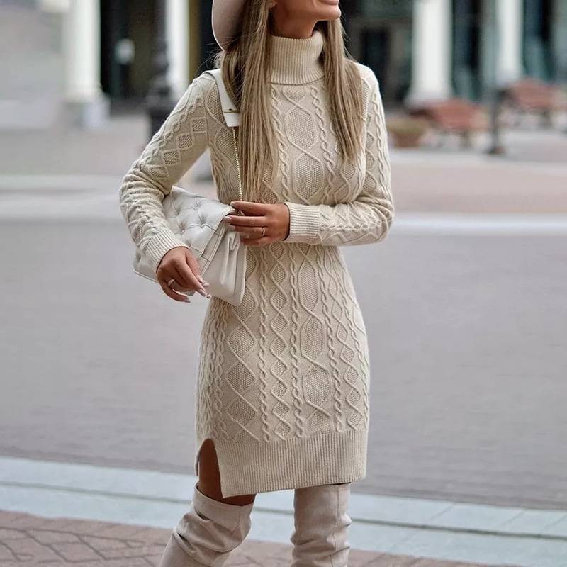 Robe Pull à Col Roulé en Maille avec Fente - Mode Hiver, Chaude et Élégante