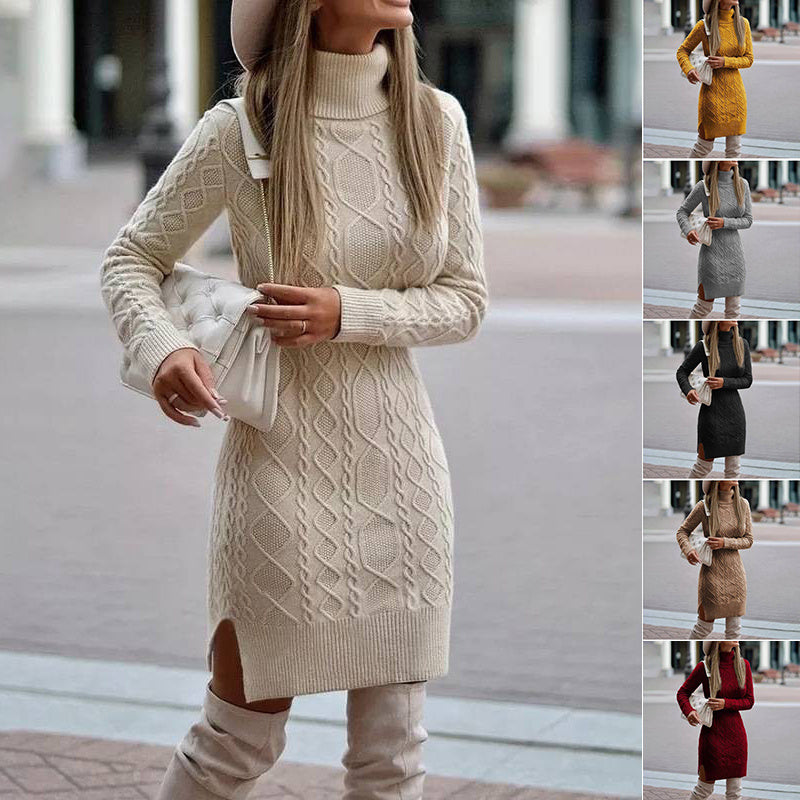 Robe Pull à Col Roulé en Maille avec Fente - Mode Hiver, Chaude et Élégante