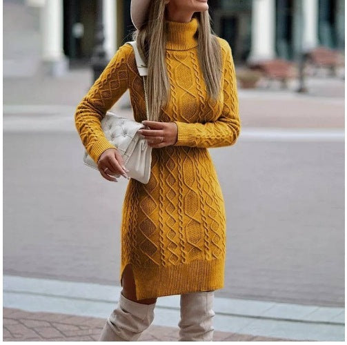 Robe Pull à Col Roulé en Maille avec Fente - Mode Hiver, Chaude et Élégante