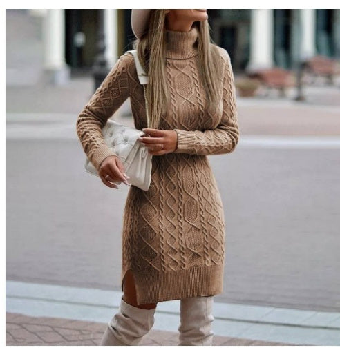 Robe Pull à Col Roulé en Maille avec Fente - Mode Hiver, Chaude et Élégante