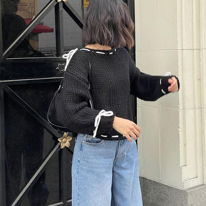 Pull femme tricoté à nœud, manches longues, style Y2K