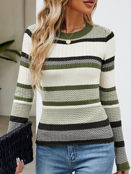 Pull féminin à rayures contrastées – Sweat tendance