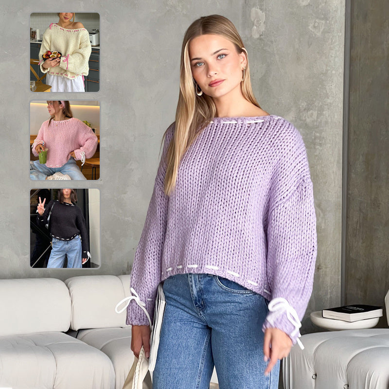 Pull femme tricoté à nœud, manches longues, style Y2K