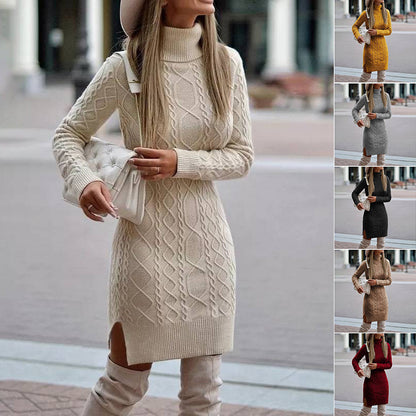 Robe Pull à Col Roulé en Maille avec Fente - Mode Hiver, Chaude et Élégante