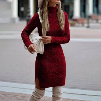 Robe Pull à Col Roulé en Maille avec Fente - Mode Hiver, Chaude et Élégante