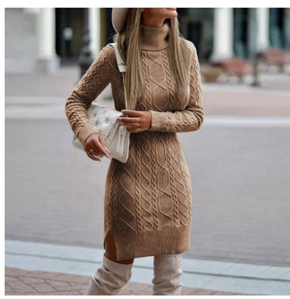 Robe Pull à Col Roulé en Maille avec Fente - Mode Hiver, Chaude et Élégante