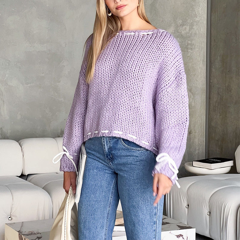 Pull femme tricoté à nœud, manches longues, style Y2K