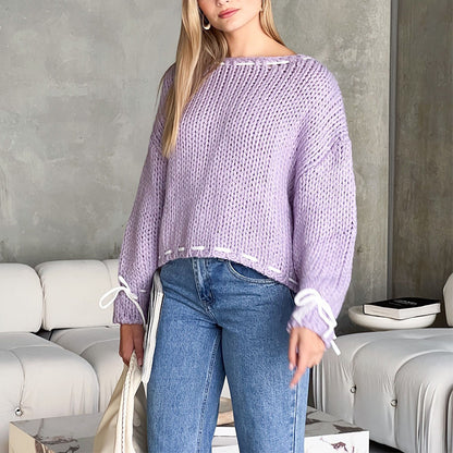 Pull femme tricoté à nœud, manches longues, style Y2K